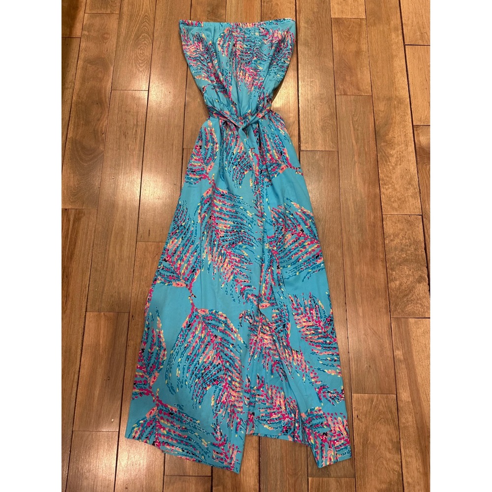 Lilly Pulitzer Womens Strapless Jumpsuit Blue Tropical Palm Print Wide Leg M